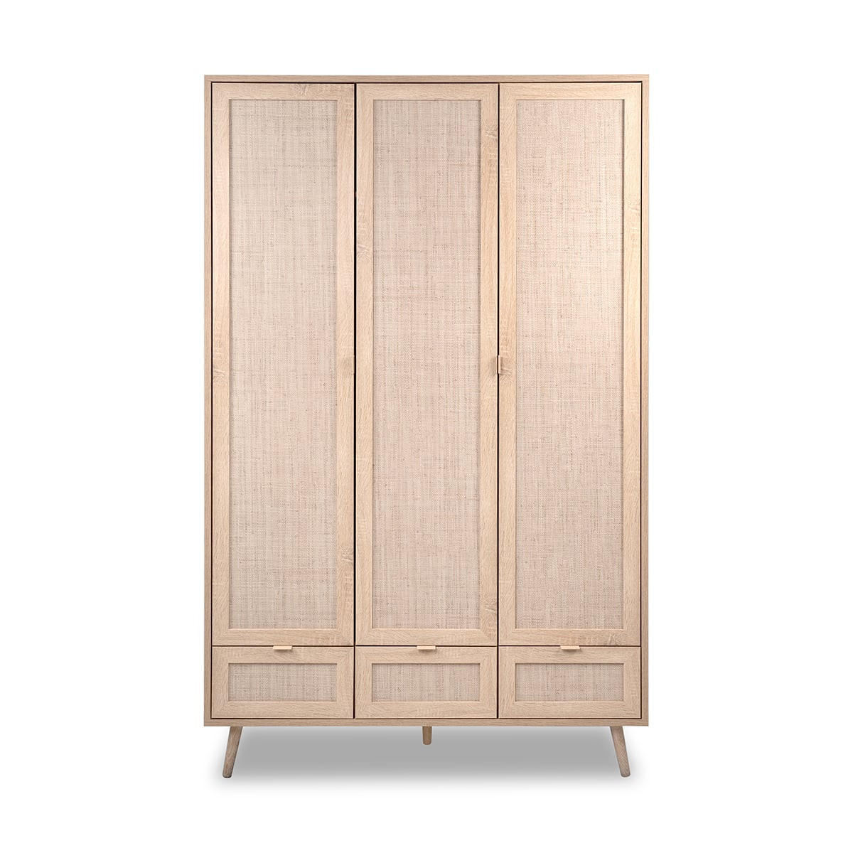 SCHRANK mit 3 Türen, 3 Schubladen, 2 Kleiderstangen L120cm - Rattan-Druck - Bali - Eschefarben, Holzwerkstoff (55/195/120cm) - Calicosy