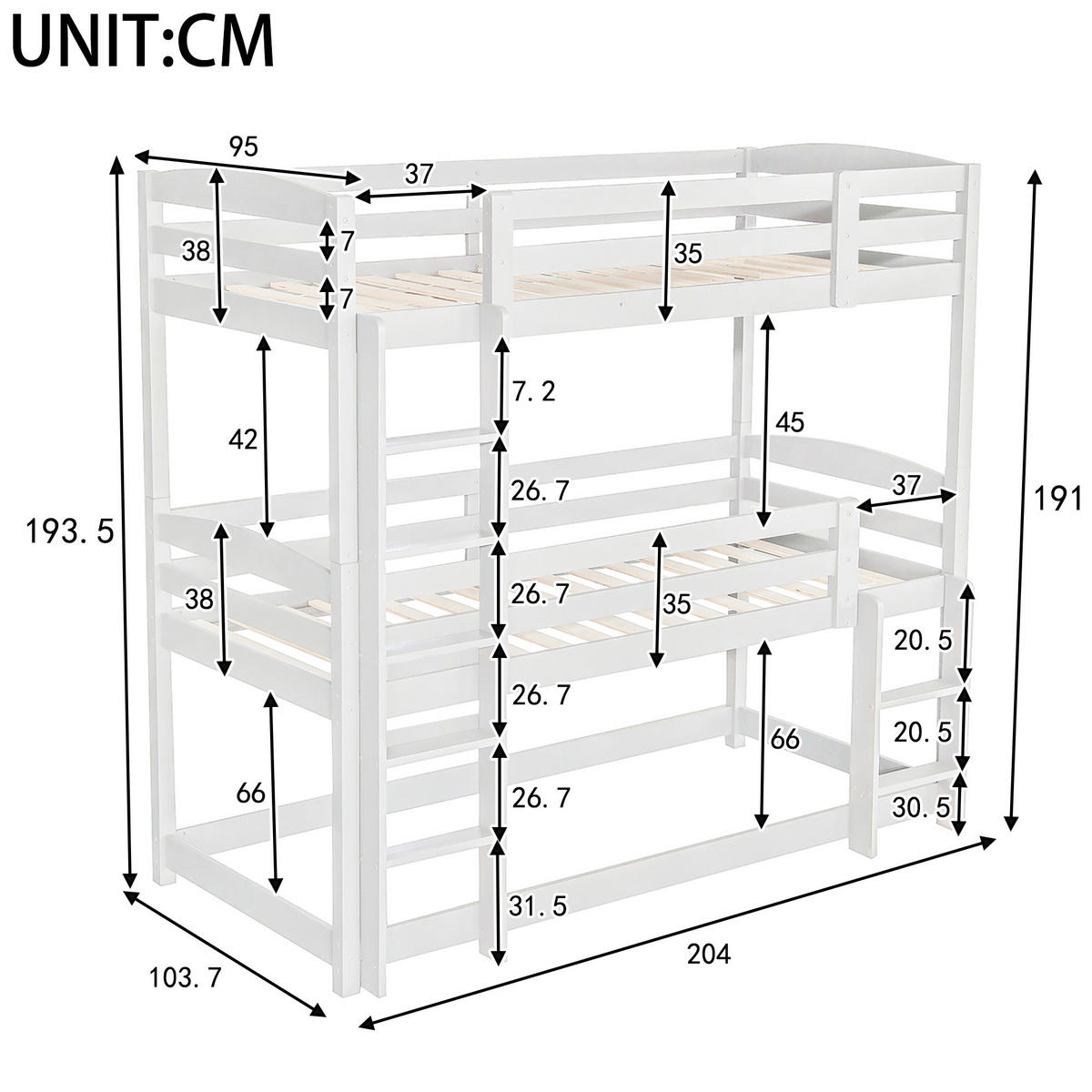 ETAGENBETT 90x200cm Weiß Dreier-Etagenbett Holz Kinderbett - Weiß, Holz (90/200cm) - FLIEKS