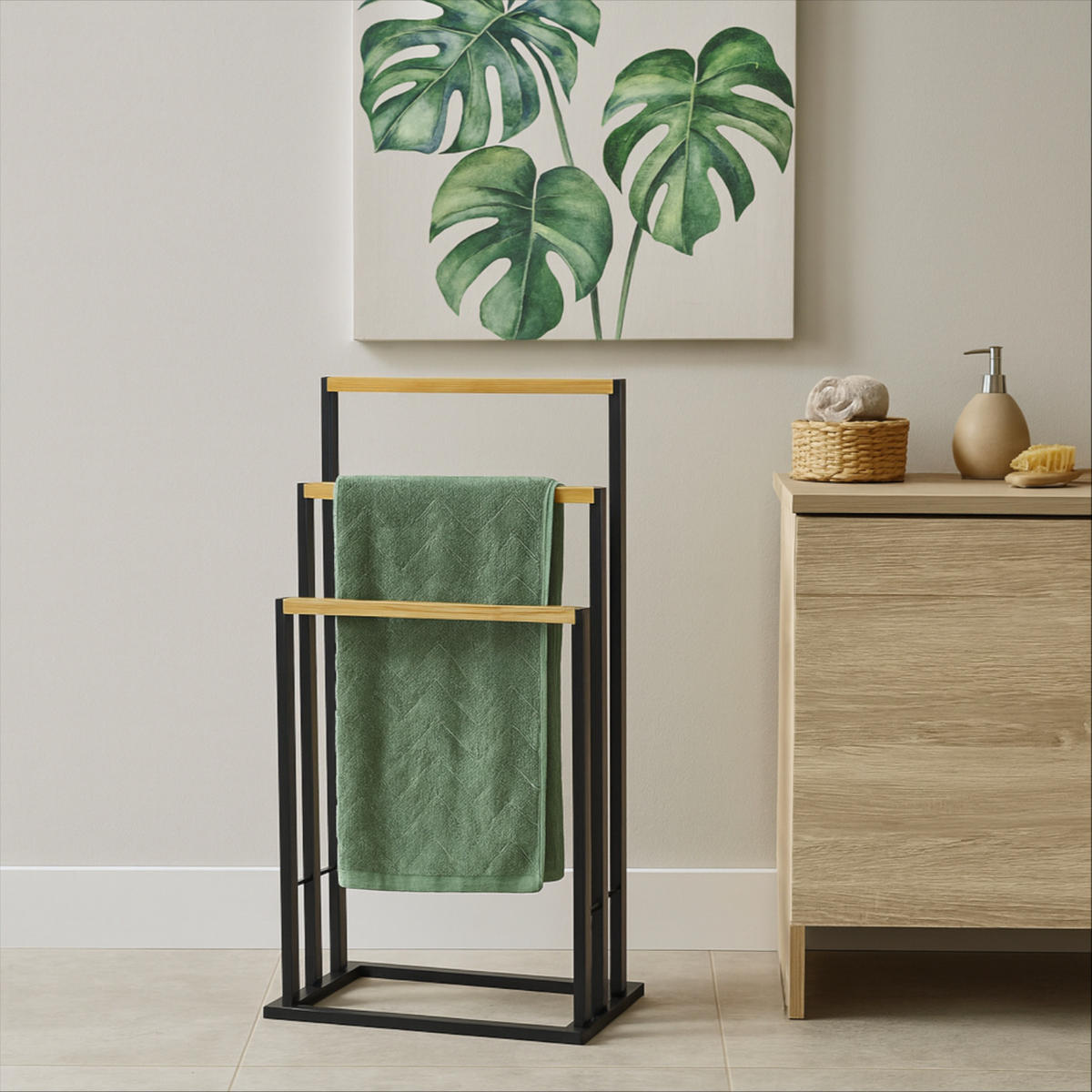 HANDTUCHSTÄNDER Bambus Metall Schwarz Natur 81,5x42x24 cm - Schwarz/Naturfarben, Holz (42/81.5/24cm) - Begryf