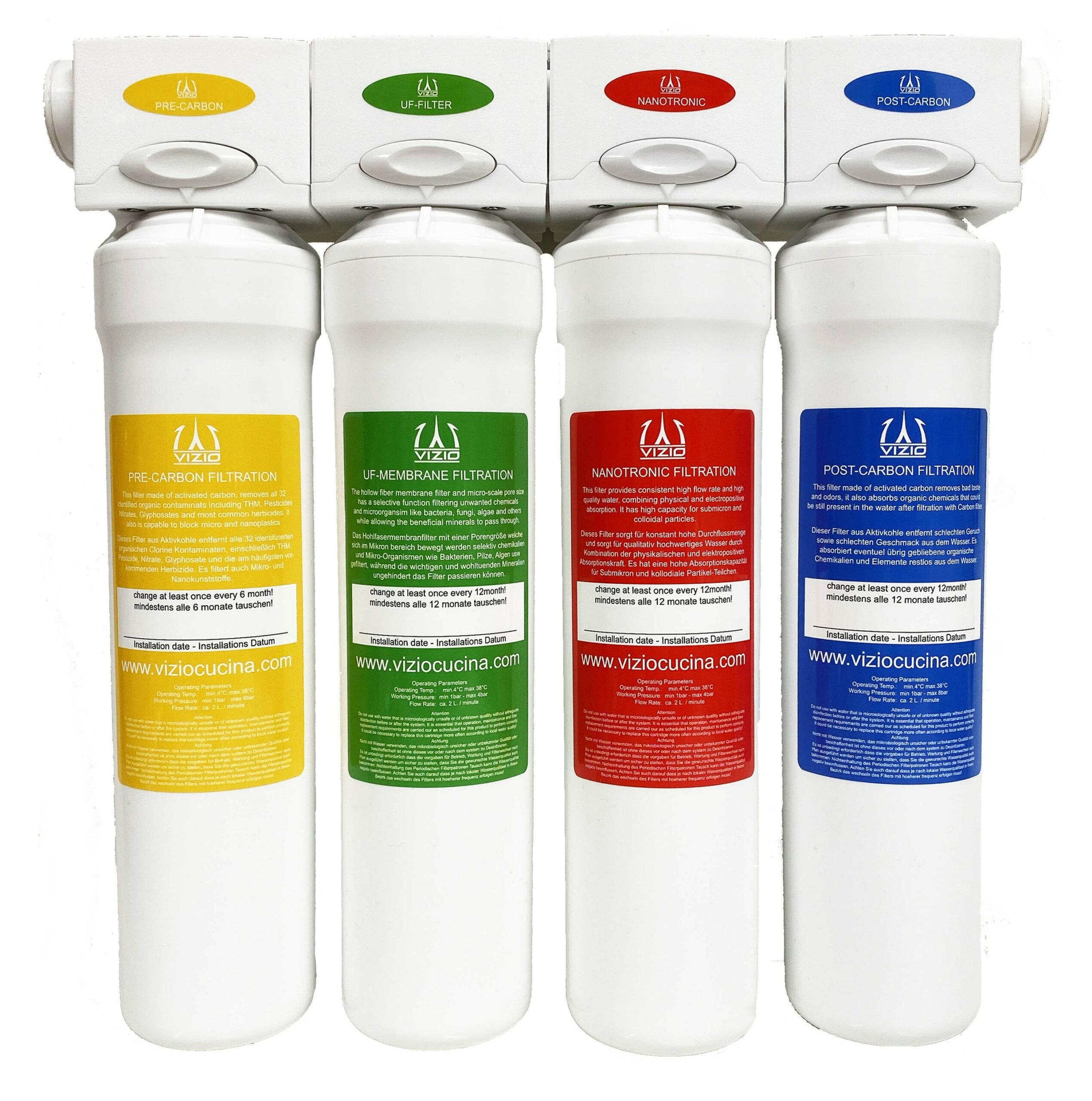 WASSERFILTER SYSTEM, Aktivkohle Trinkwasserfilter, Hauswasserfilter 4 stadien Filtersystem - für 1 Jahr Trinkwasser - Weiß, Metall (26.8/30/26.8cm) - VIZIO