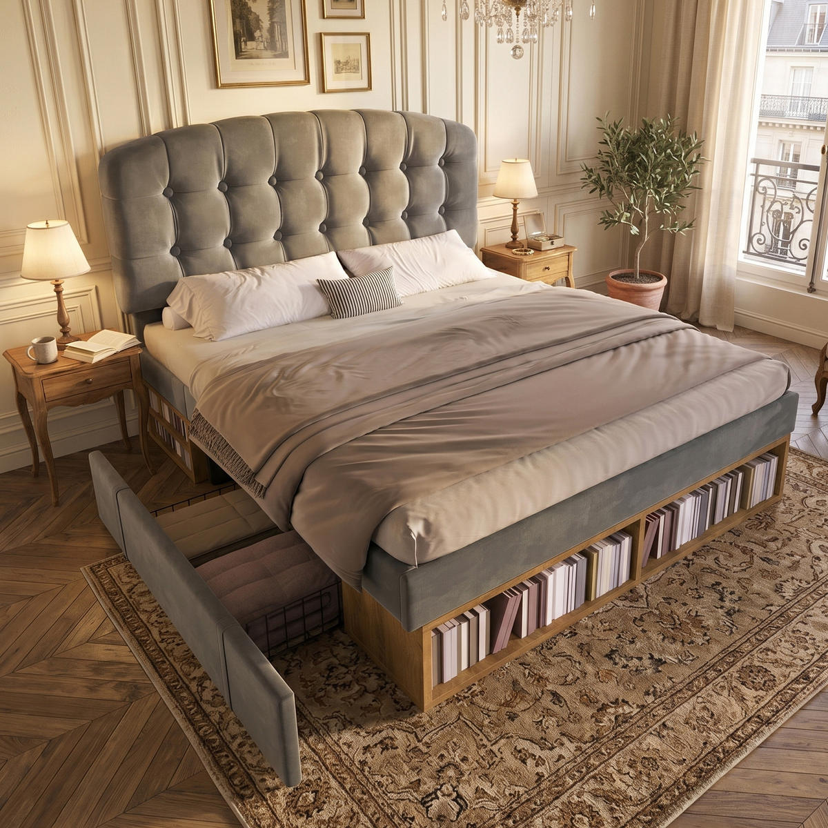 POLSTERBETT Samt Grau 140x200 mit Stauraum und verstellbarem Kopfteil - Grau, Textil (140/200cm) - Urban Meuble