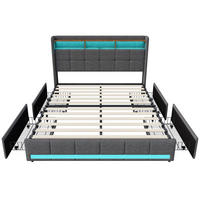POLSTERBETT 140x200 cm mit Stauraumkopf und 4 Schubladen, LED-Leisten, USB-/Typ-C, Leinenstoff, Grau - Grau, Holz (140/200cm) - BRILVERDE