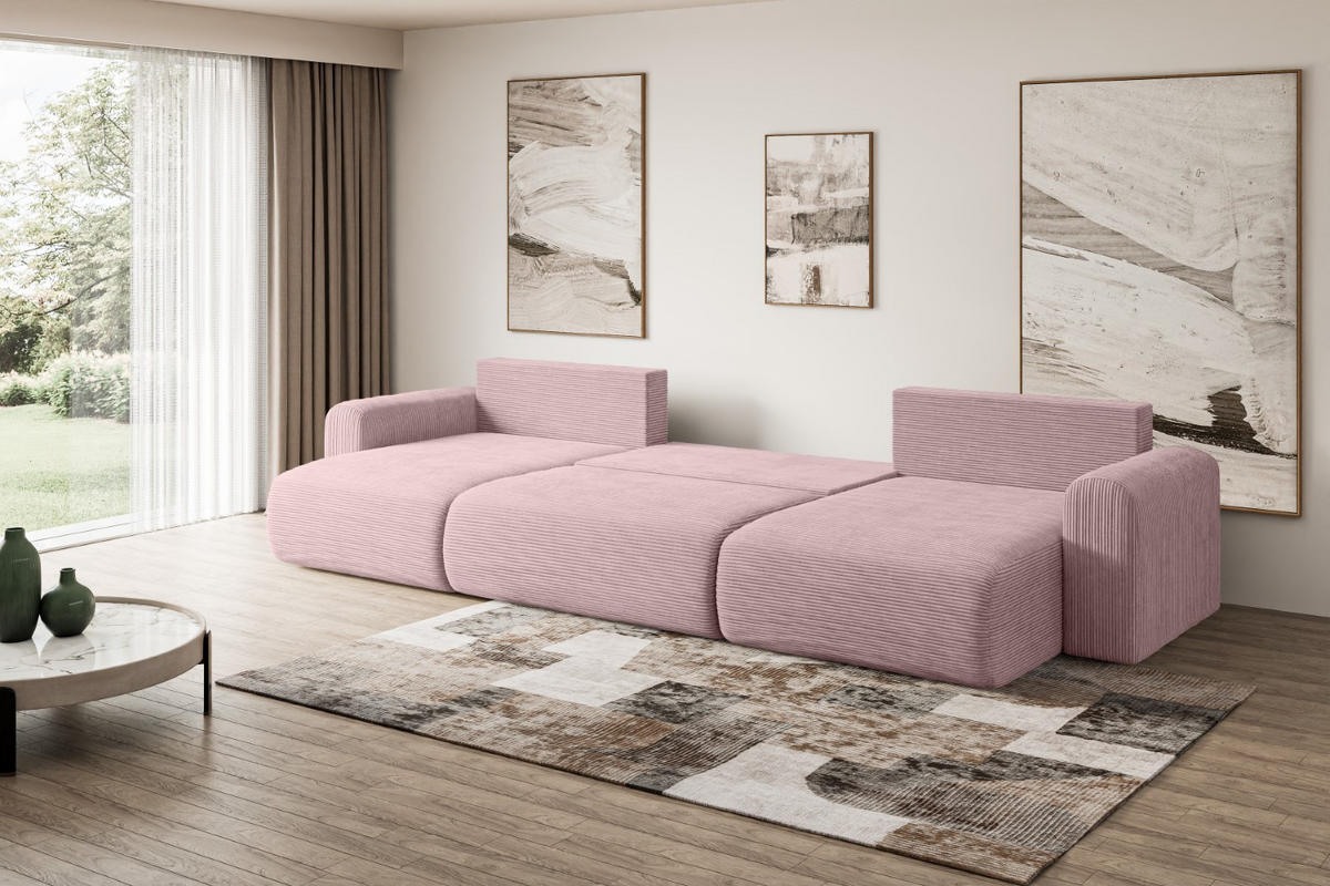 WOHNLANDSCHAFT mit Schlaffunktion und Bettkasten ORRO-U - 362x145x83 cm Rosa Cord - Schwarz/Rosa, Holzwerkstoff/Kunststoff (362/83/145cm) - ALTDECOR