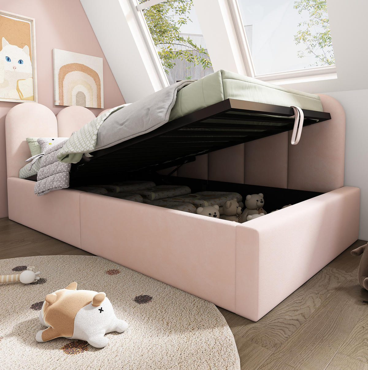 SAMT-POLSTERBETT 90/200 cm mit Bettkasten und gepolstertem Kopfteil - Pink, Textil (90/200cm) - BEAOK