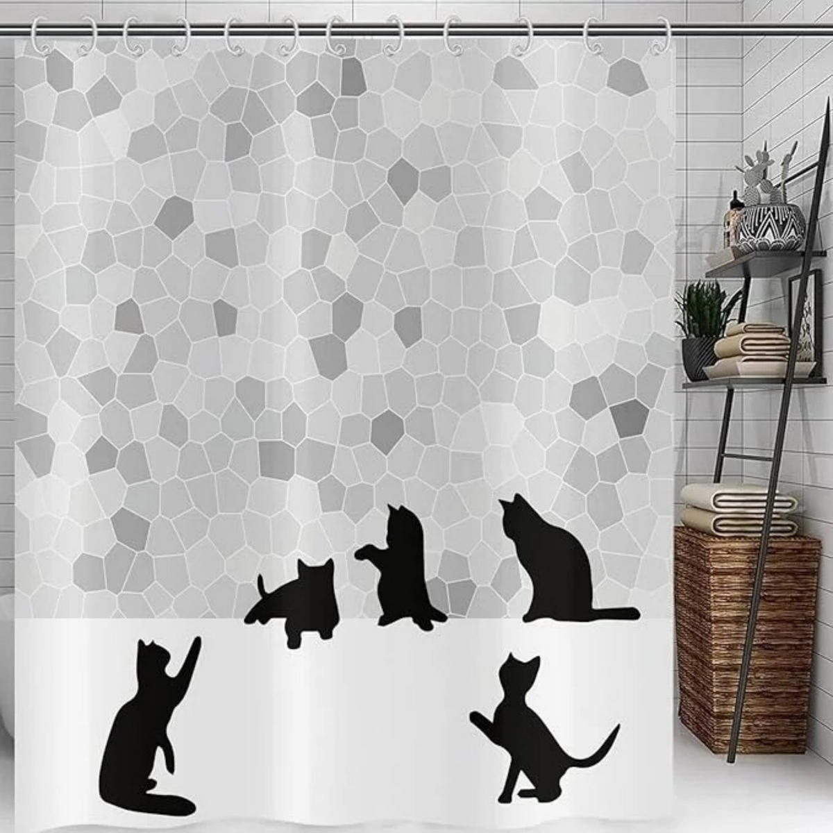 DUSCHVORHANG Schwarz Grau Katze Mosaik Badewanne Polyester waschbar mit Haken - Weiß, Textil (180/200cm) - MCBOSON