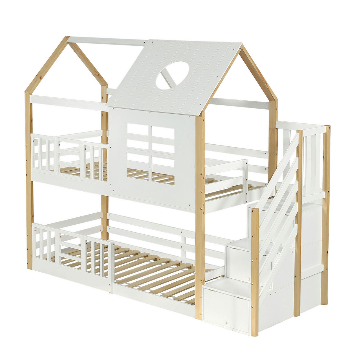 ETAGENBETT 90/200 cm mit Aufbewahrungstreppe, Fallschutzgitter und Hausdach, Kiefer/MDF, Weiß/Natur - Weiß, Holz (90/200cm) - Redom