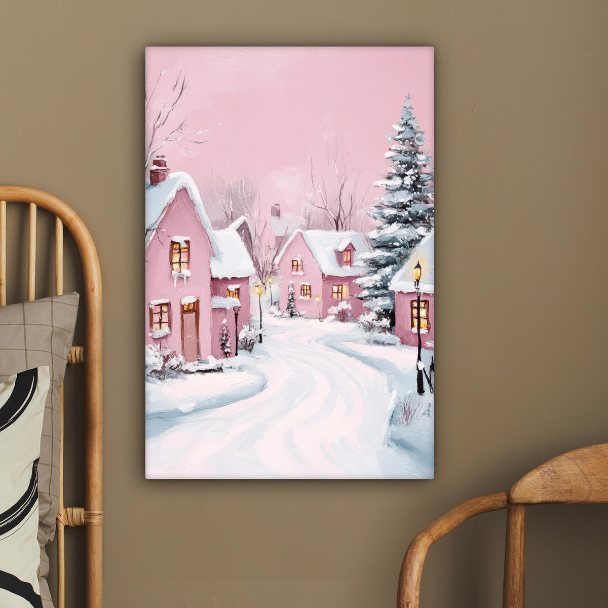 LEINWANDBILD Weihnachtsdorf - Rosa - Winter - Schnee - Häuser 40x60 cm - Altrosa, Textil (40/60cm) - MuchoWow