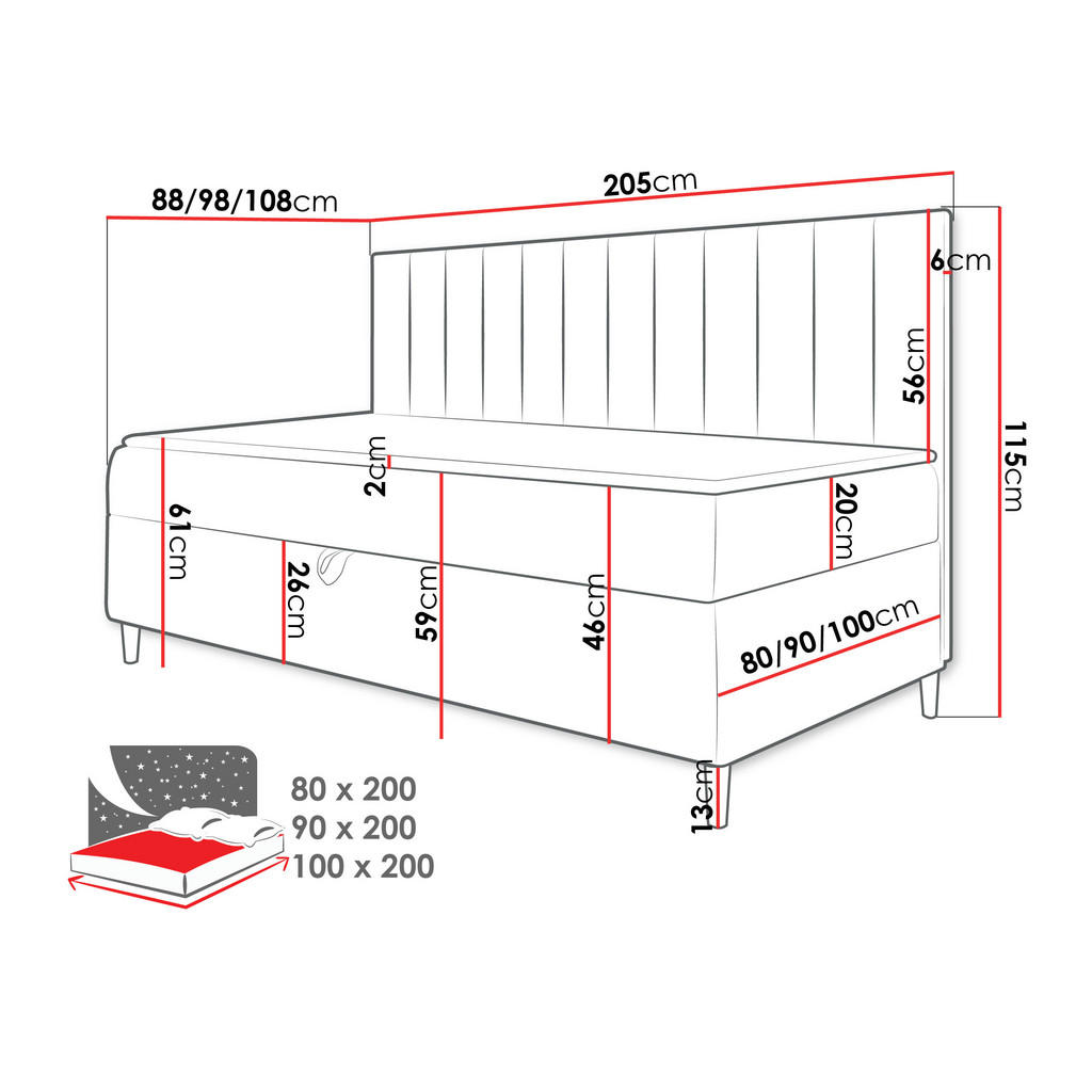 Thumbnail - Mirjan24 Boxbett, Weiß, Rot, Holz, H3, 80x200 cm, Schlafzimmer, Betten, Boxspringbetten