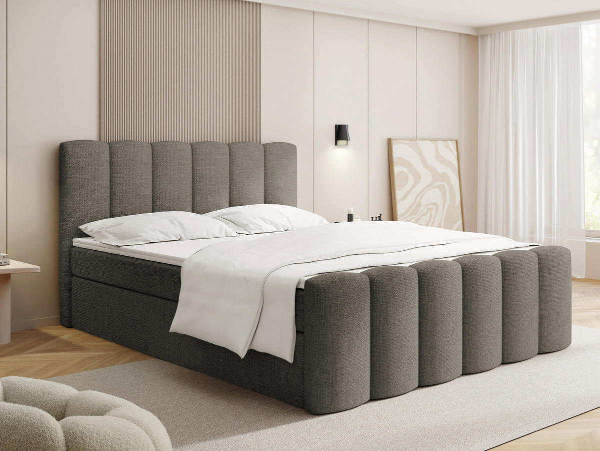 BOXBETT Serenity mit Bettkasten, Taupe Chenille 160x200 cm – inkl. H4 Taschenfederkern Matratze & Foam Topper - Taupe/Beige, Holz/Holzwerkstoff (160/200cm) - WFL GROUP