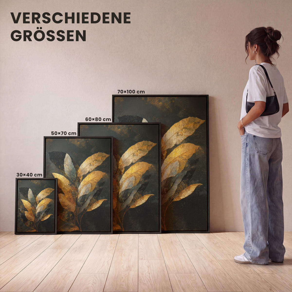 LEINWAND Bilder mit Rahmen - Golden Leaf Komposition - Botanical Luxury - 60x80 - Goldfarben, Textil (60/80cm) - MuchoWow