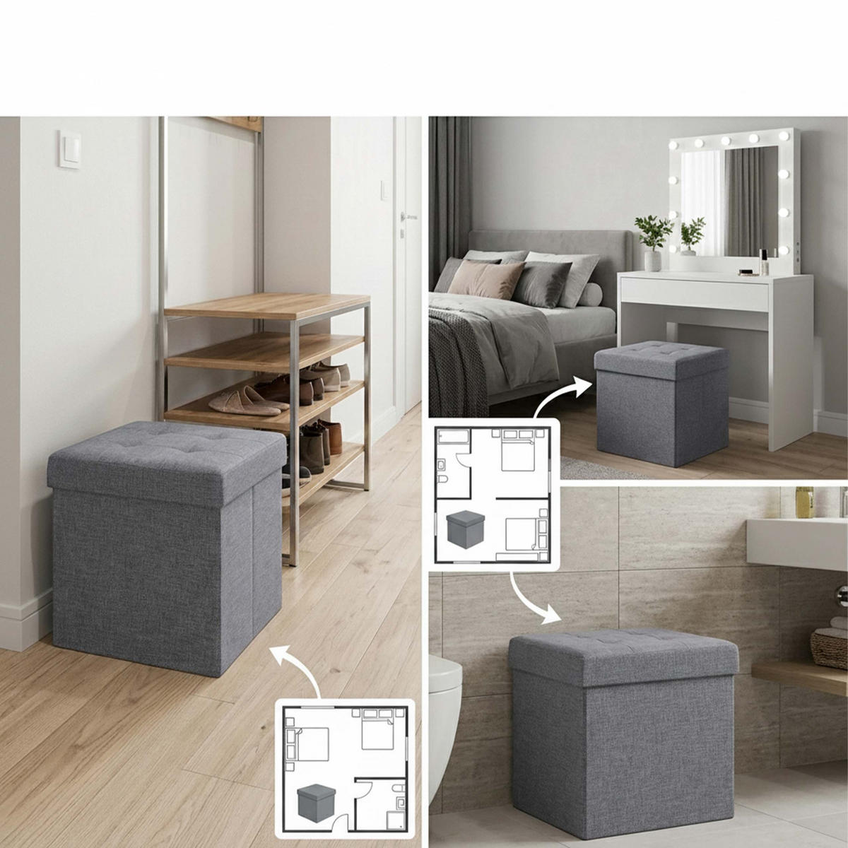 TABURET Tmavosivý s úložným priestorom skladací látka 41x38x38 cm - sivá, kompozitné drevo/textil (38/41/38cm) - Relaxdays