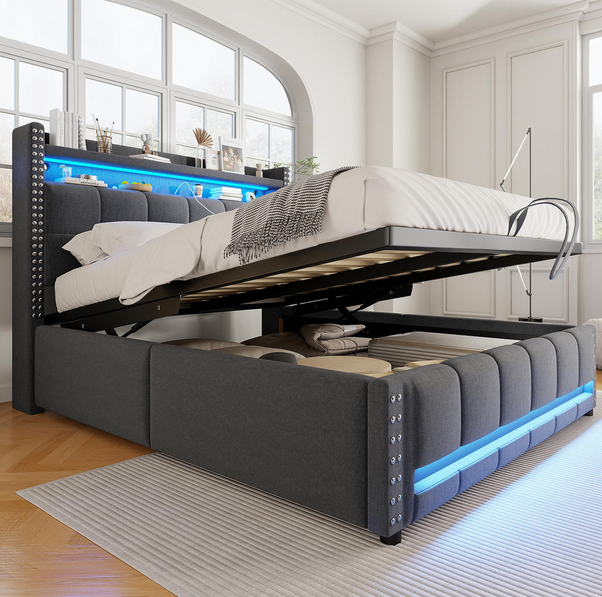 POLSTERBETT 160/200 cm mit Bettkasten, LED-Beleuchtung und USB in Grau - Grau, Textil (160/200cm) - BEAOK