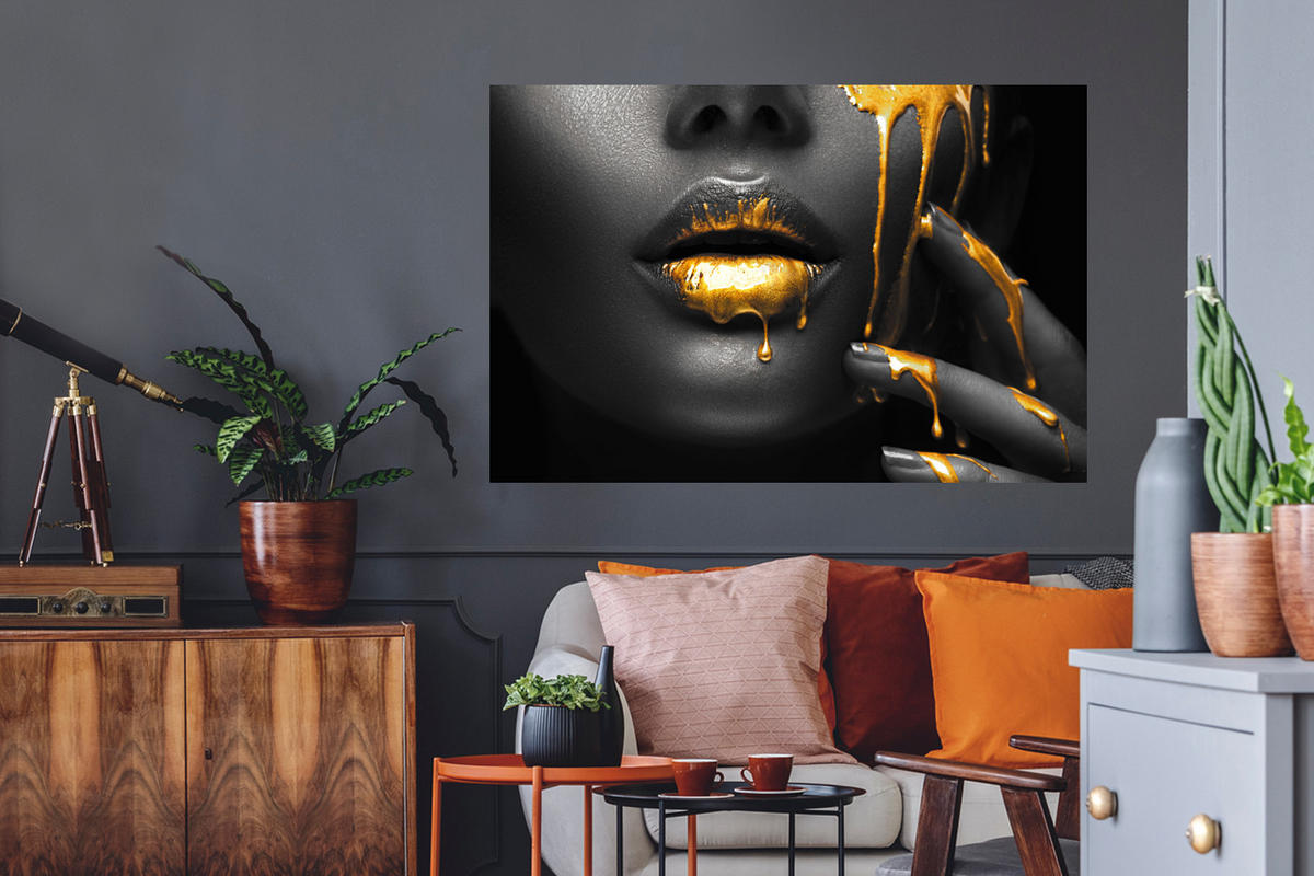WANDTATTOO Frau - Schwarz - Gold - Gesicht - Lippen 120x80 cm - Goldfarben, Kunststoff (120/80/0.1cm) - MuchoWow