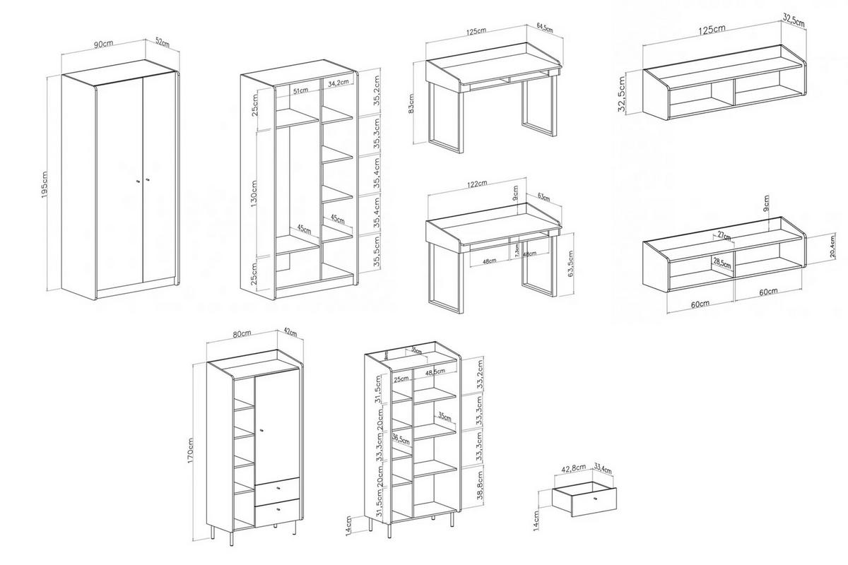 JUGENDZIMMER ALBI C 4-teilig in Eukalyptus / Baltic Düne Eiche - Alteiche/Eukalyptusholzfarben, Holzwerkstoff (295/195/65cm) - Deine Möbel 24