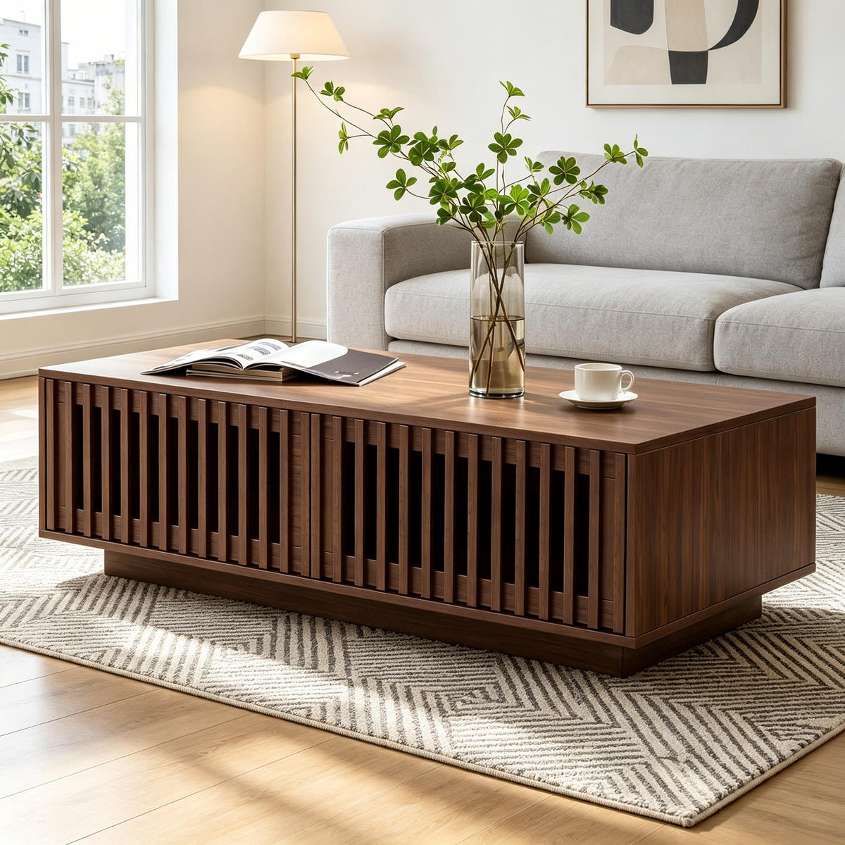 KONFERENČNÍ STŮL v ořechové barvě se 2 dvířky a prolamovaným designem, 100×50×35 cm - barva vlašského ořechu, kompozitní dřevo (50/100/35cm) - STILVORA