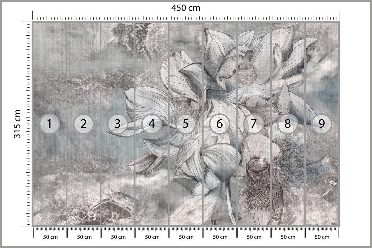 FOTOTAPETE für Wohnzimmer Wunderschöne Blume Betonwand Retro 450x315 - Grau, Papier (450/315cm) - Muralo