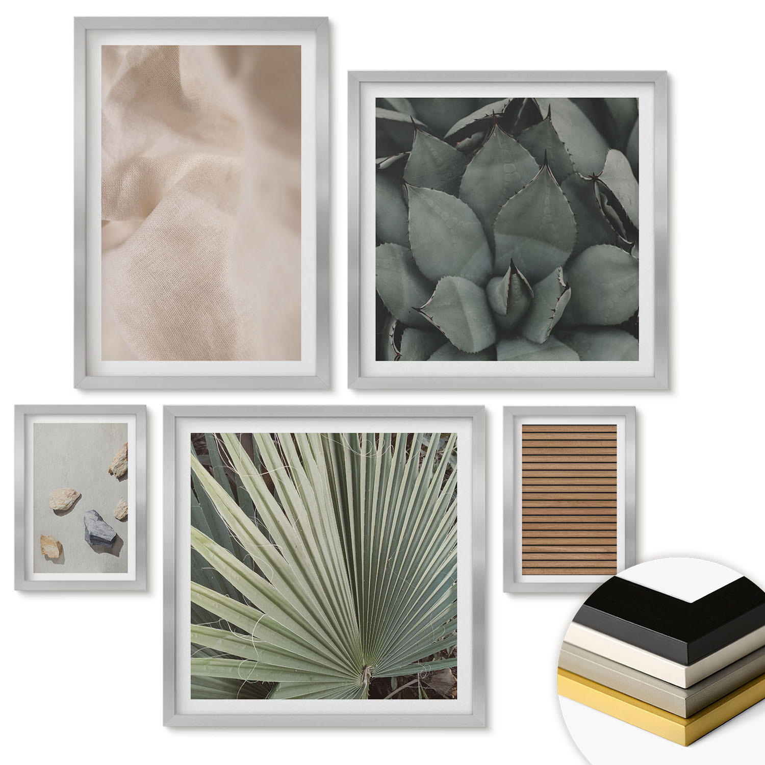 WANDBILDER 5er Set - 50x50 cm & 20x30 cm & 40x60 cm Silberner Rahmen - Steine, Holz, Stofftexturen - Silberfarben, Kunststoff (40/60cm) - ArtPrintCave