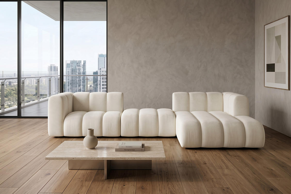 ECKSOFA Modulares In L-Form, Velvet-Stoff Riviera, Ecru, Rechts, GRAND 319 cm - Creme, Holz (319/175cm) - Kaiser Möbel