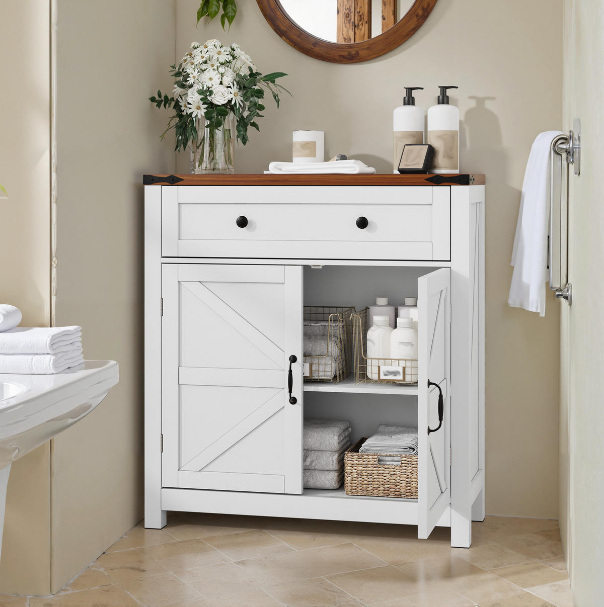 WASCHBECKENUNTERSCHRANK 76x30x83 cm Weiß & Walnuss mit Schublade, Scheunentoren & Walnussplatte - Weiß, Holzwerkstoff (76/83/30cm) - Modfu