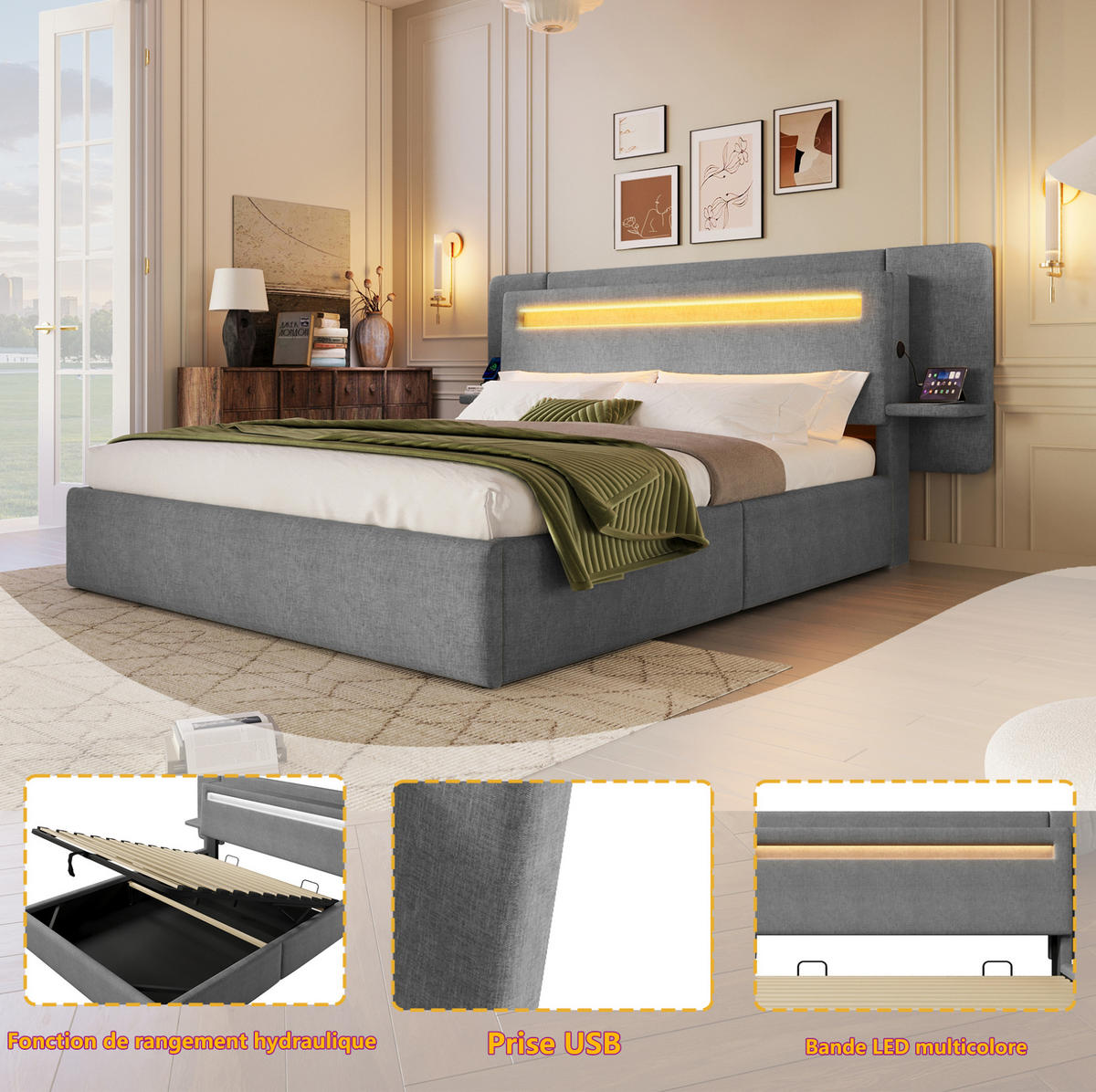 POLSTERBETT aus MDF und Leinen 180x200 cm Grau mit Bettkasten, LED-Beleuchtung, Nachttisch und USB-Anschluss - Grau, Textil (180/200cm) - Modfu
