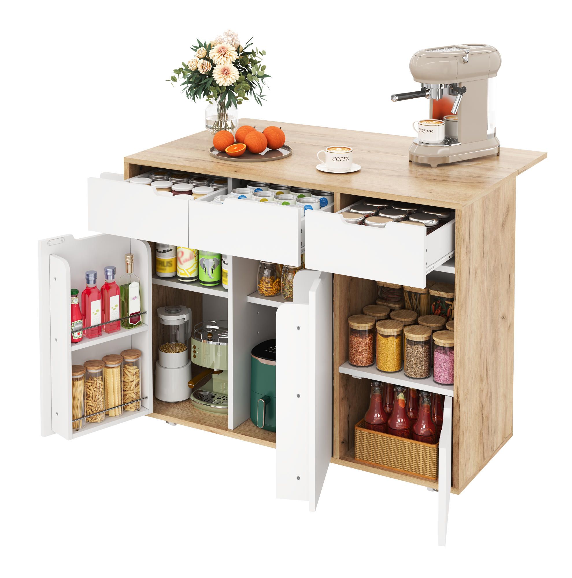 KÜCHENINSEL in Weiß Servierwagen mit Schubladen und 360°-Lenkrollen für Küche und Wohnzimmer, B120/T46/H85 cm - Weiß, Holzwerkstoff/Metall (120/85/46cm) - STILVORA
