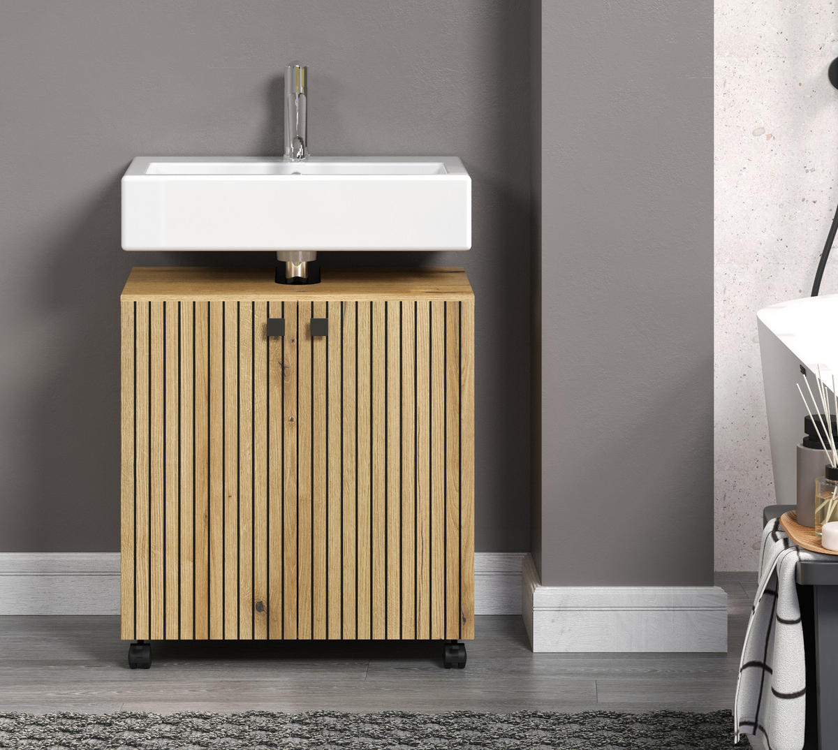 WASCHBECKENUNTERSCHRANK Evoke Eiche 60 cm, Badschrank auf Rollen - Eichefarben/Schwarz, Holzwerkstoff/Kunststoff (60/64/42cm) - Top.Furn