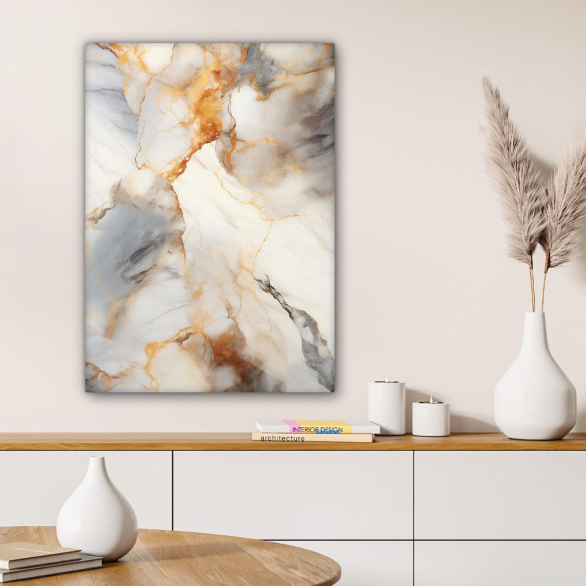 LEINWANDBILD Marmor - Grau - Gold Wandbild Wohnzimmer 60x80 cm - Weiß, Textil (60/80cm) - MuchoWow
