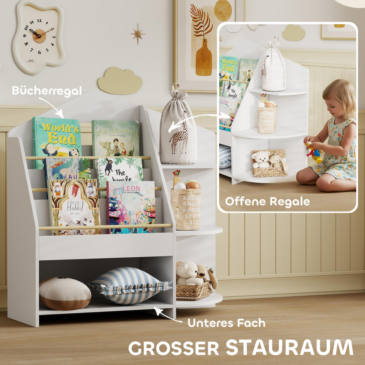 KINDERBÜCHERREGAL MDF Kiefernholz Weiß - Weiß, Holzwerkstoff (30/79.7/80cm) - AIYAPLAY