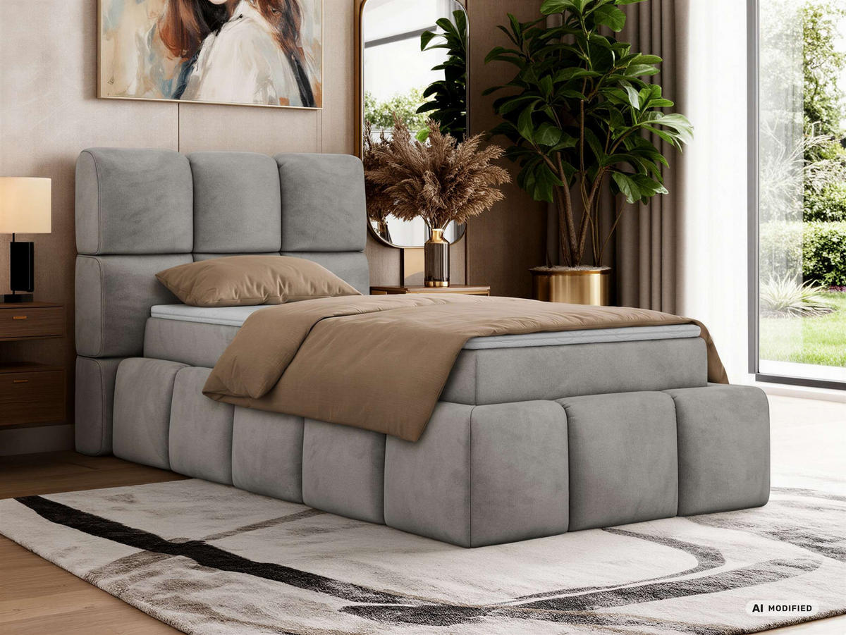 BOXBETT NIRA 90/200 - Hellgrau Velvet - Topper T25 - H4 - Hellgrau/Schwarz, Kunststoff/Textil (90/200cm) - MKS