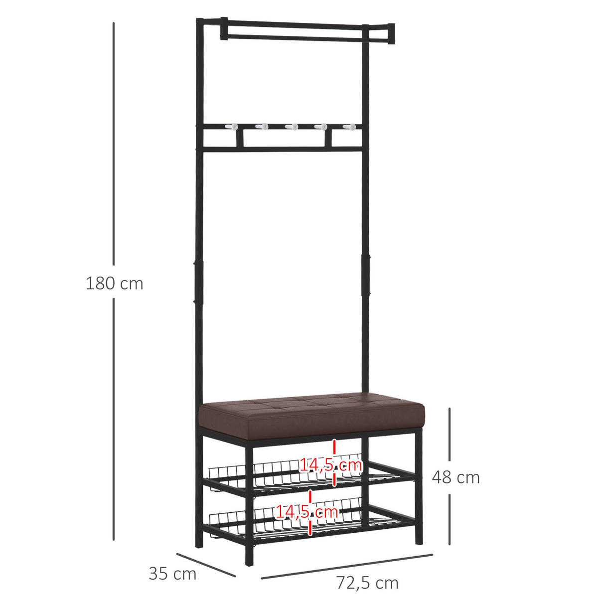GARDEROBENSTÄNDER - Schwarz/Braun, Kunststoff/Metall (72.5/180/35cm) - HOMCOM