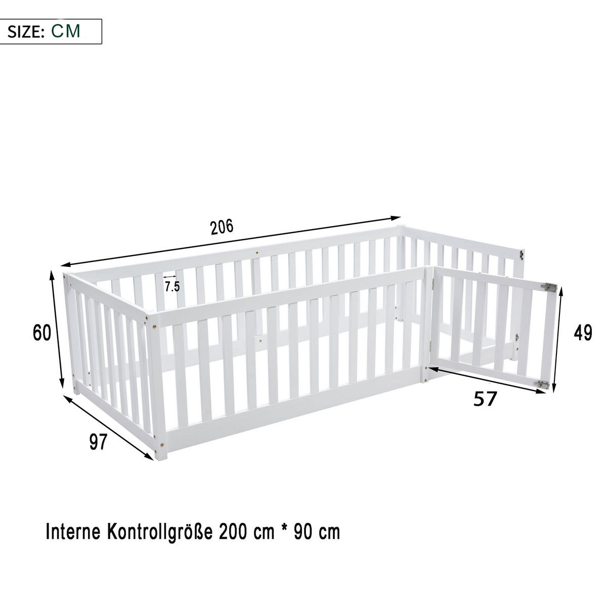 KINDERBETT 90/200 cm Weiß aus Kiefernholz mit Zaun und Tür - Weiß, Holz (90/200cm) - OKWISH