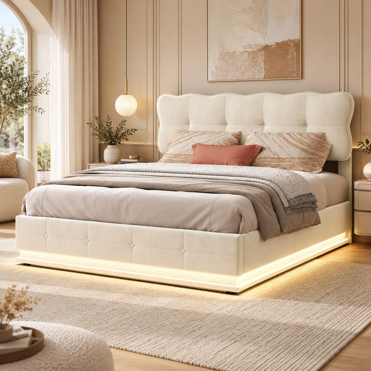 POLSTERBETT 140/190 cm mit LED-Beleuchtung - Beige, Holz/Metall (140/190cm) - Joyfair