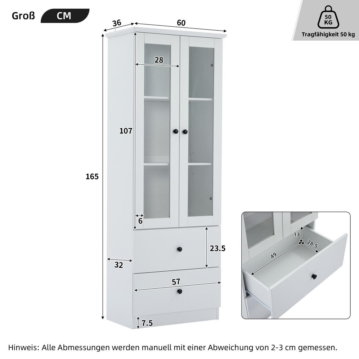 VITRINE 60/35,5/165 cm in Weiß matt mit LED-Beleuchtung und 2 Schubladen - Weiß, Holzwerkstoff (60/165/35.5cm) - Flora Grace