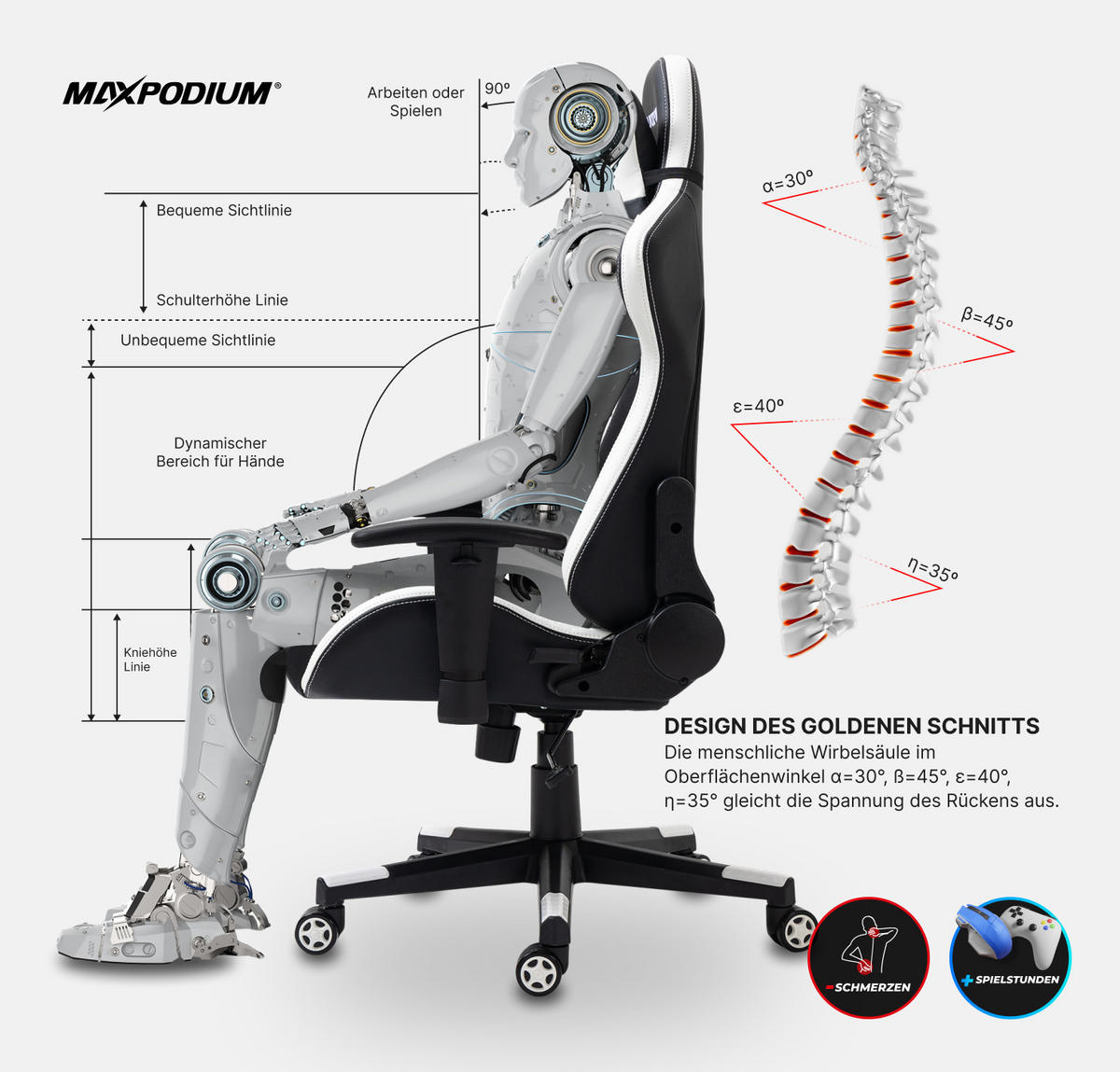 GAMING-STUHL Skilled Schwarz Weiß - Weiß, Metall (55/137/50cm) - MaxPodium