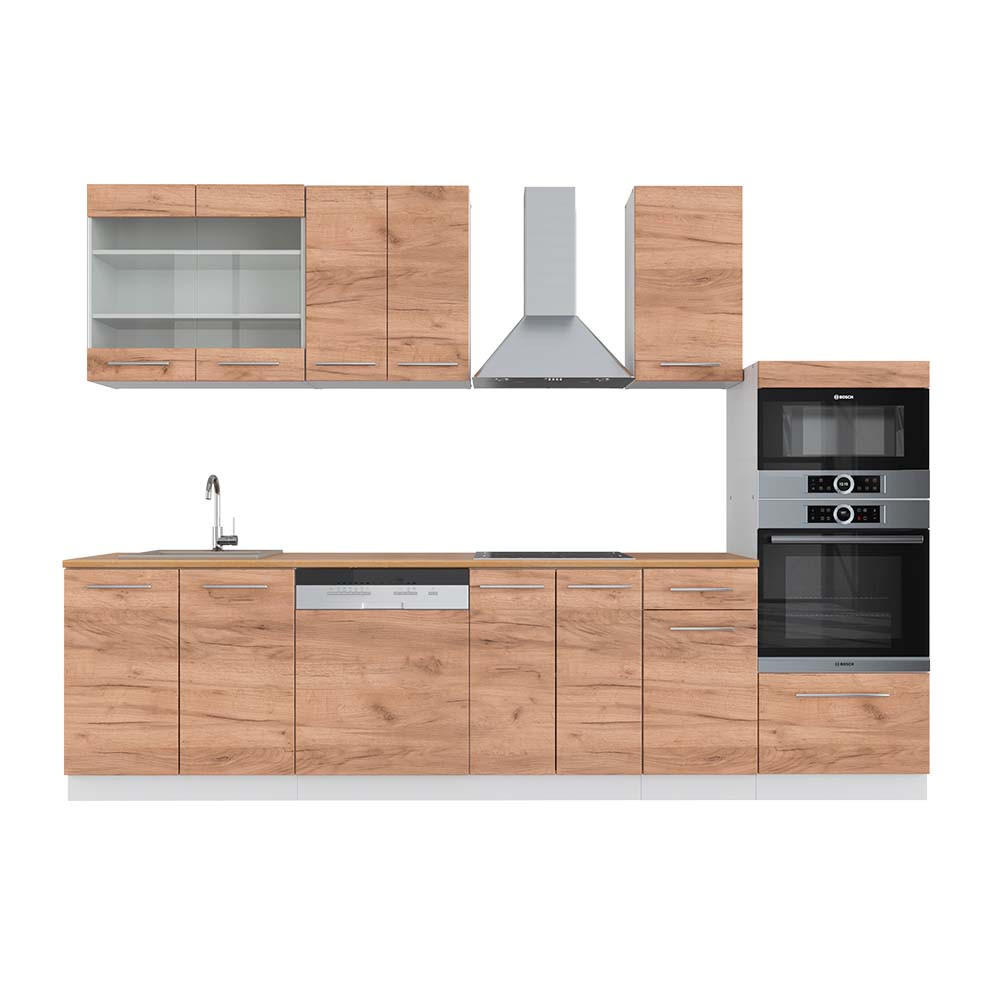 KÜCHENZEILE Fame-Line Goldkraft Eiche/Weiß 300 cm mit Hochschrank AP Eiche - Eiche Wotan/Weiß, Holzwerkstoff (300/81.6/60cm) - Vicco