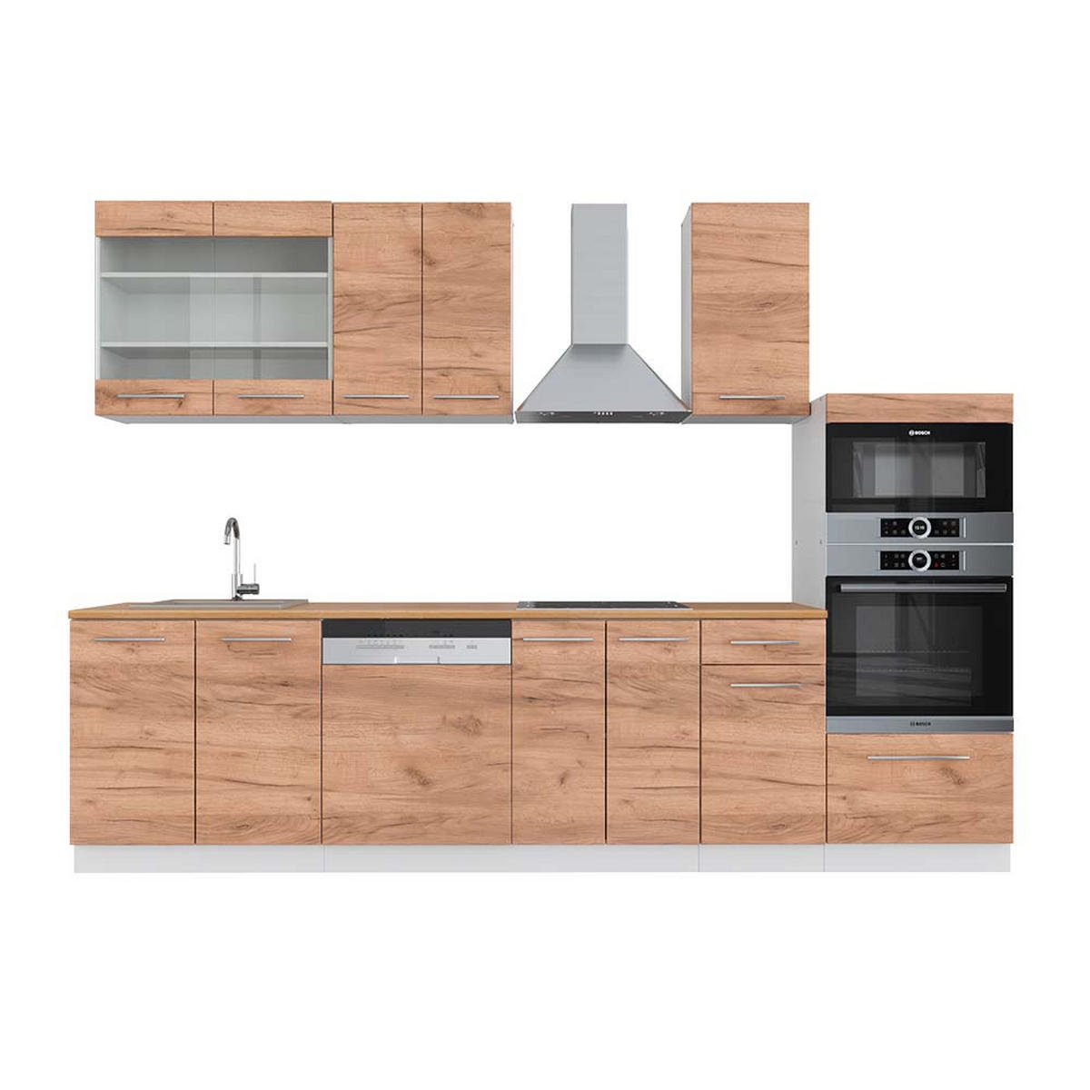 KÜCHENZEILE Fame-Line Goldkraft Eiche/Weiß 300 cm mit Hochschrank AP Eiche - Honigeiche/Eiche Wotan, Holzwerkstoff (300/81.6/60cm) - Vicco