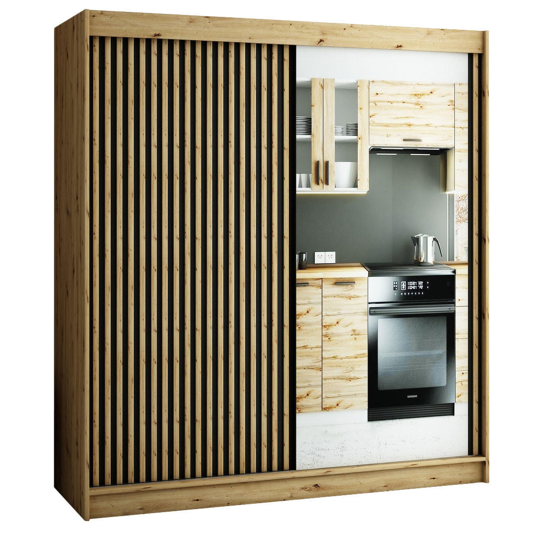 SCHIEBETÜRENSCHRANK Lamelo2 Artisan Eiche / schwarz matt 200 / 62 / 200cm - Eichefarben/Multicolor, Holz/Holzwerkstoff (200/200/62cm) - Feldmann-Wohnen