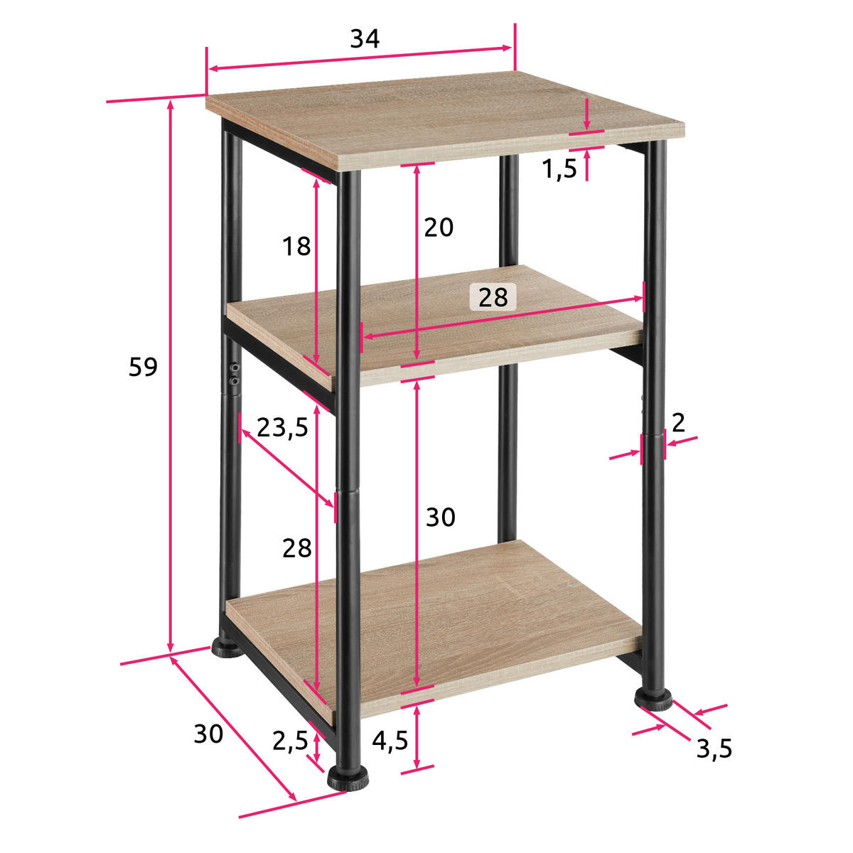 BEISTELLTISCH Memphis,34 x 30 x 59 cm,Industrial Holz hell, Eiche Sonoma - Naturfarben, Holzwerkstoff (30/34/59cm) - tectake