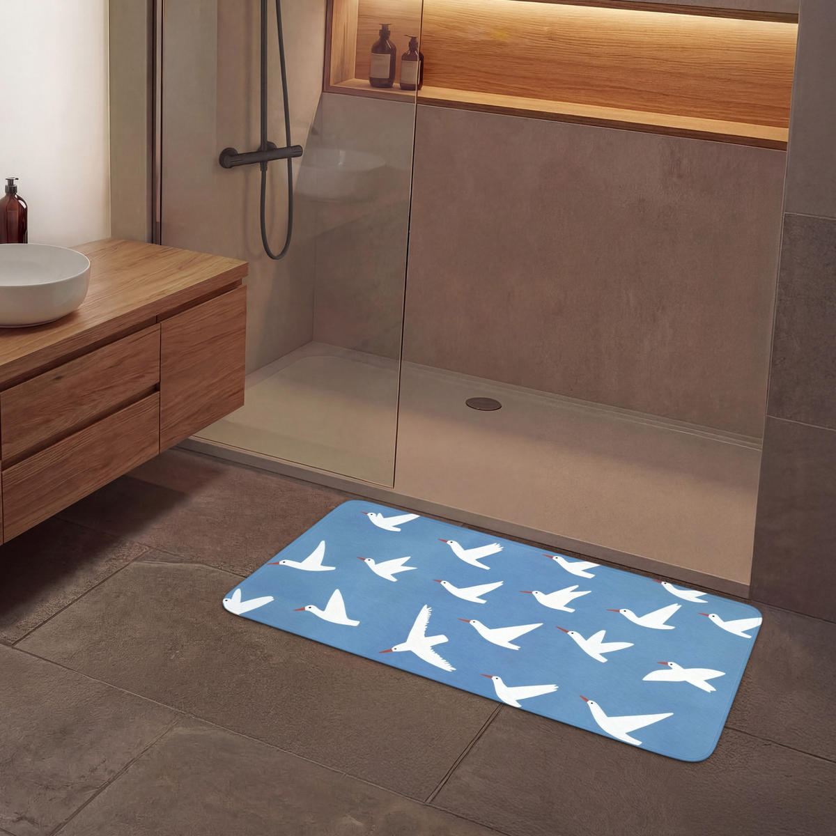 BADEMATTE Vögel - Weiß - Muster 120x60 cm - Blau, Kunststoff/Textil (120/60cm)