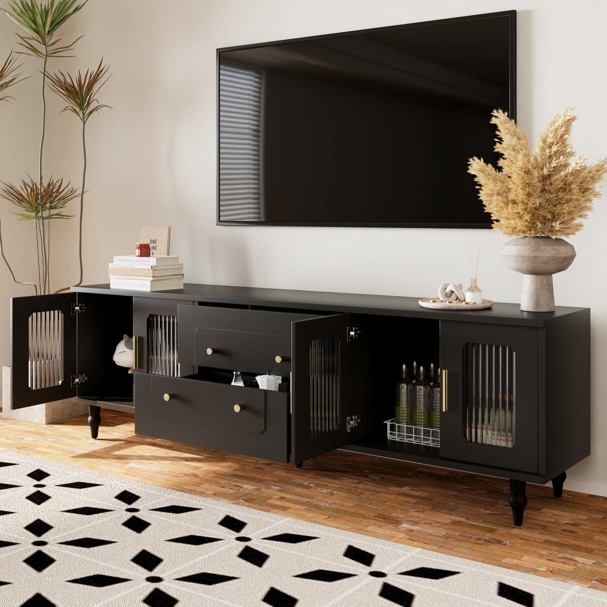 TV-SCHRANK in Schwarz mit geriffeltem Glas und Push-to-Open Funktion 175/38/55.5 cm - Schwarz, Holzwerkstoff (177/55.5/38cm) - Redom