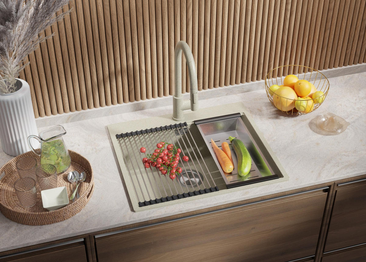 GRANITSPÜLE Oslo, 2-er set Beige 58/50 cm 1 Becken + Küchenarmatur 40/20 cm + Ablauf-Set + Schneidebrett ab 60er Unterschrank - Chromfarben/Beige, Kunststoff (58/20/50cm) - Primagran