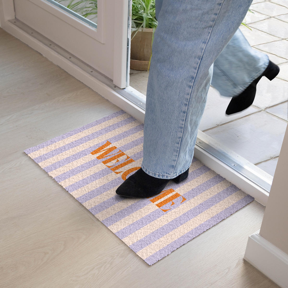 FUSSMATTE Lila – Orange – Streifen – Willkommen 60x40 cm - Flieder, Kunststoff (60/0.4cm) - MuchoWow