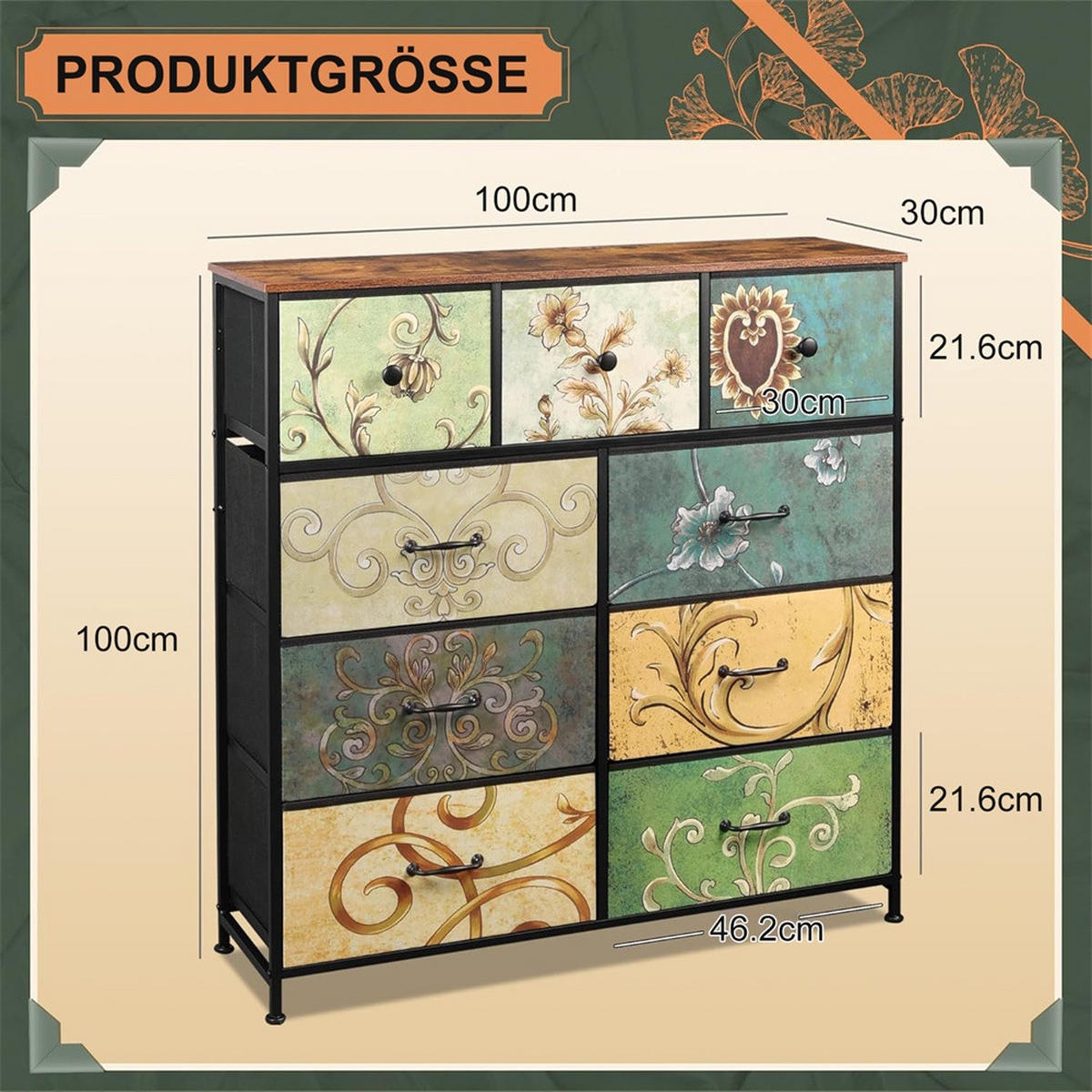 KOMMODE mit 9 Schubladen - bunte Vintage-Muster und nostalgische Griffe - Mehrfarbig - Multicolor, Metall (100/100/30cm) - DELFA