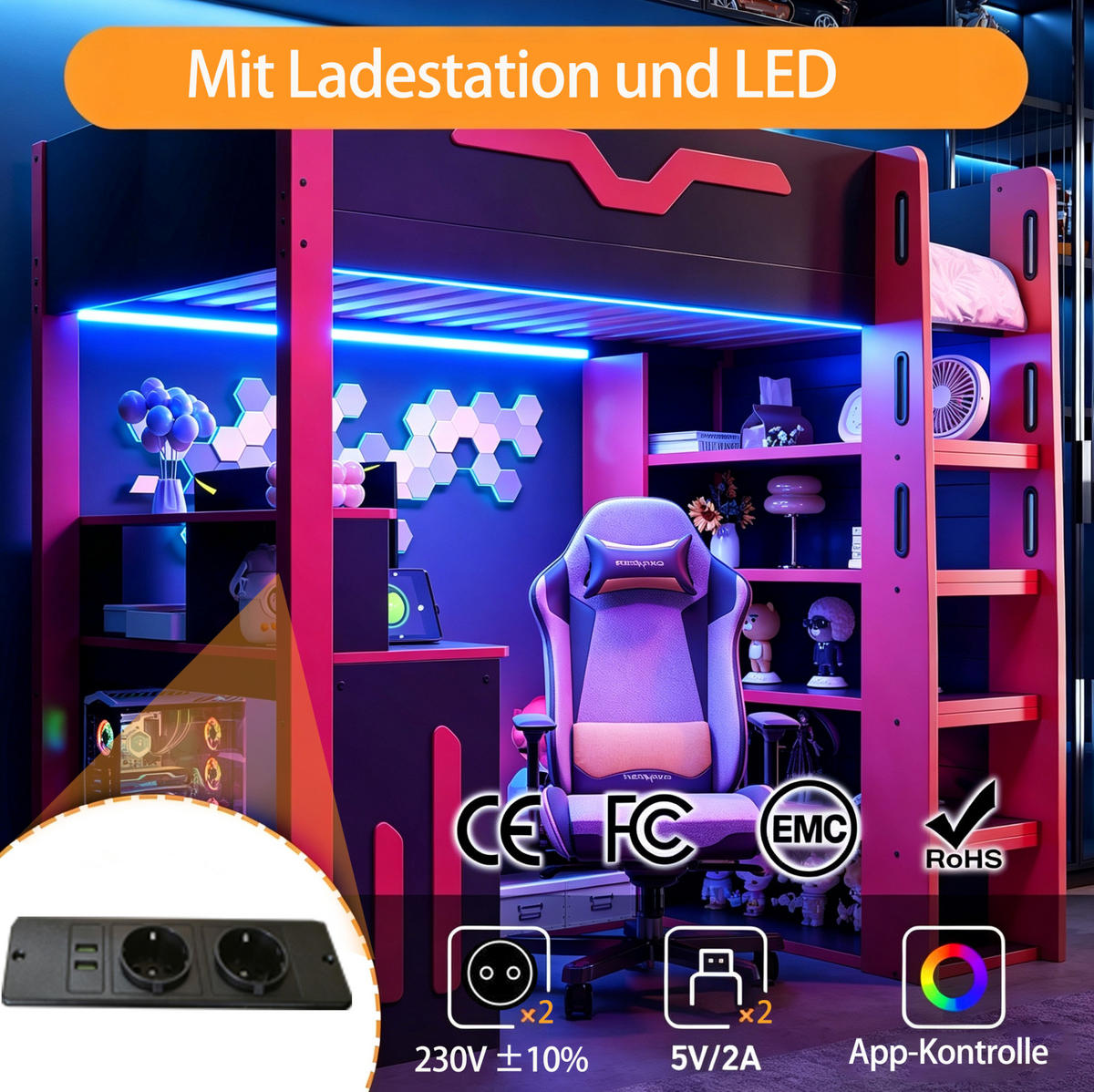 HOCHBETT 90/200 cm aus Holzwerkstoff und Kiefer mit Schreibtisch, Stauraumtreppe und LED Schwarz/Rot - Schwarz, Holzwerkstoff (90/200cm) - Modenvie