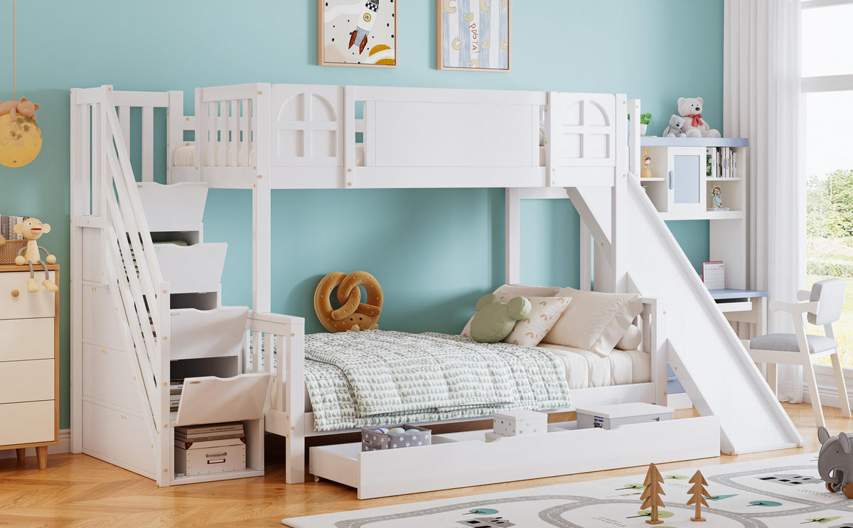 ETAGENBETT 90x200 cm Rutsche Treppe Stauraum - Weiß, Holz (90/200cm) - LEBENLANG