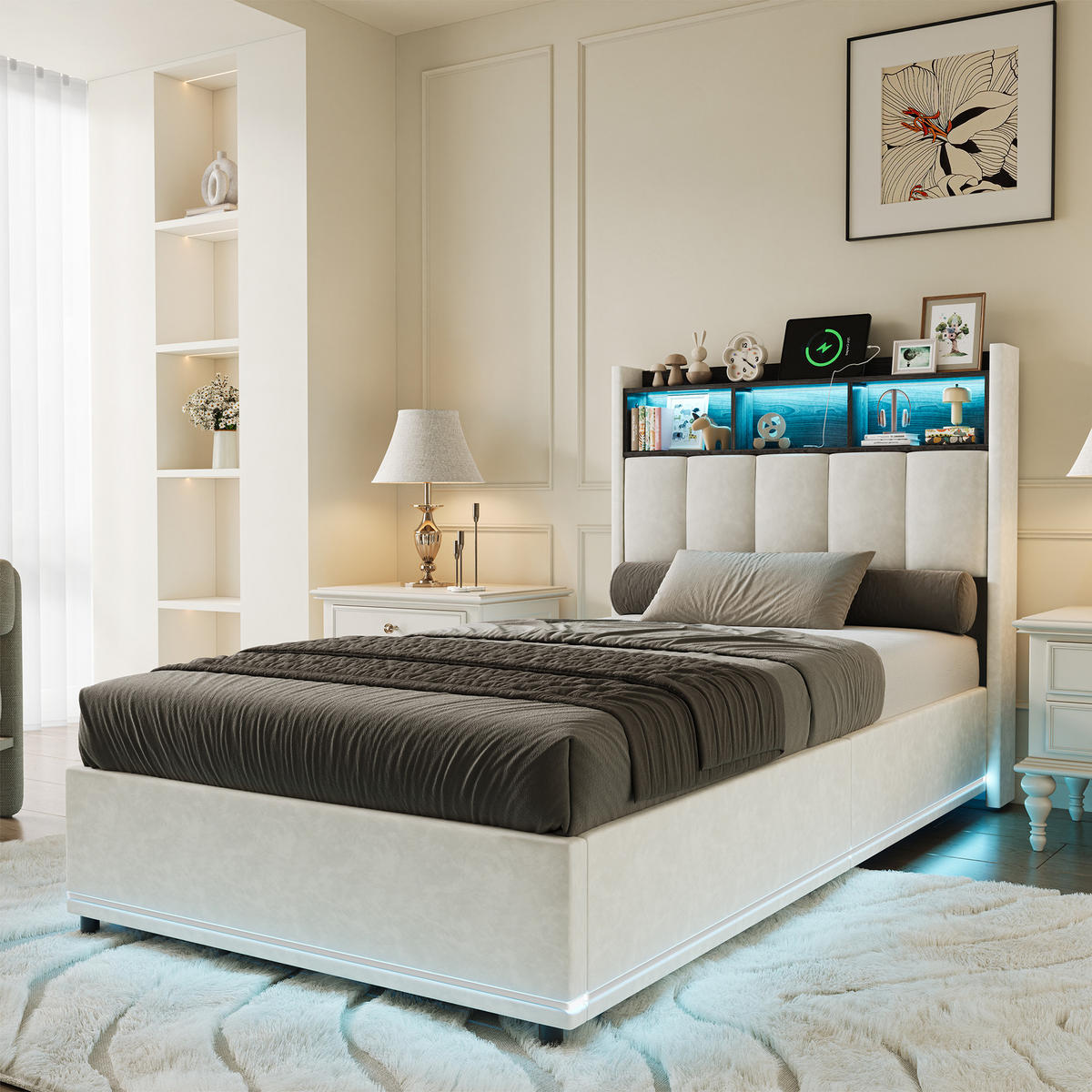 POLSTERBETT 90x200 cm LED Ablagefach Samt weiß - Weiß, Holz (90/200cm) - LEBENLANG