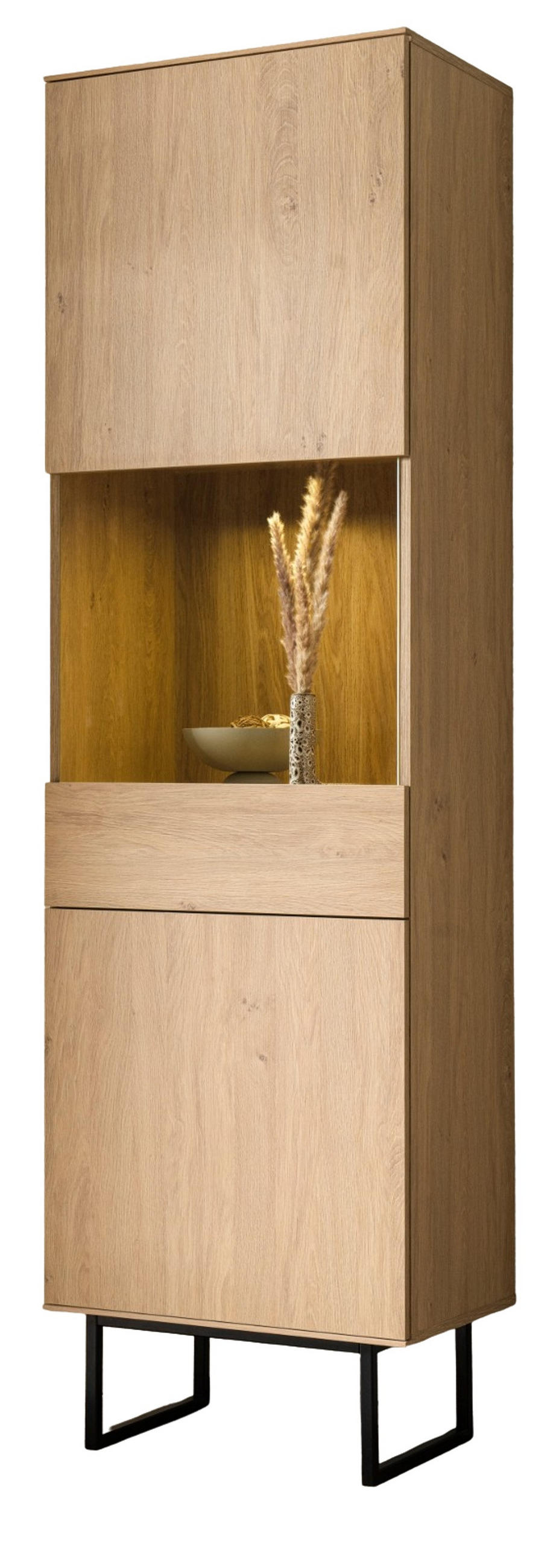 VITRINE Stone Eiche, Vitrinenschrank 58 x 200 cm, mit Push-to-Open - Eichefarben/Schwarz, Holzwerkstoff/Metall (58/200/40cm) - Furn.Design