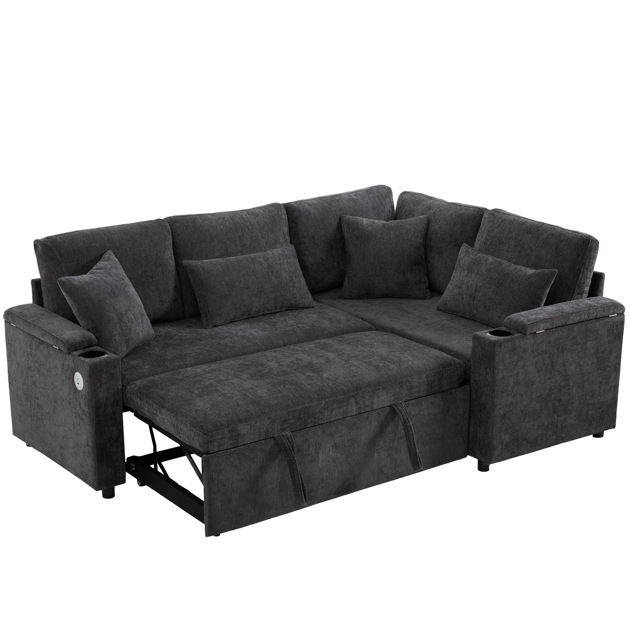 ECKSCHLAFSOFA 206.5/141/86 cm Dunkelgrau mit Stauraum, Getränkehalter, USB-Ladeanschluss und Armlehnenablage - Dunkelgrau, Textil (206.5/141cm) - Oxeza