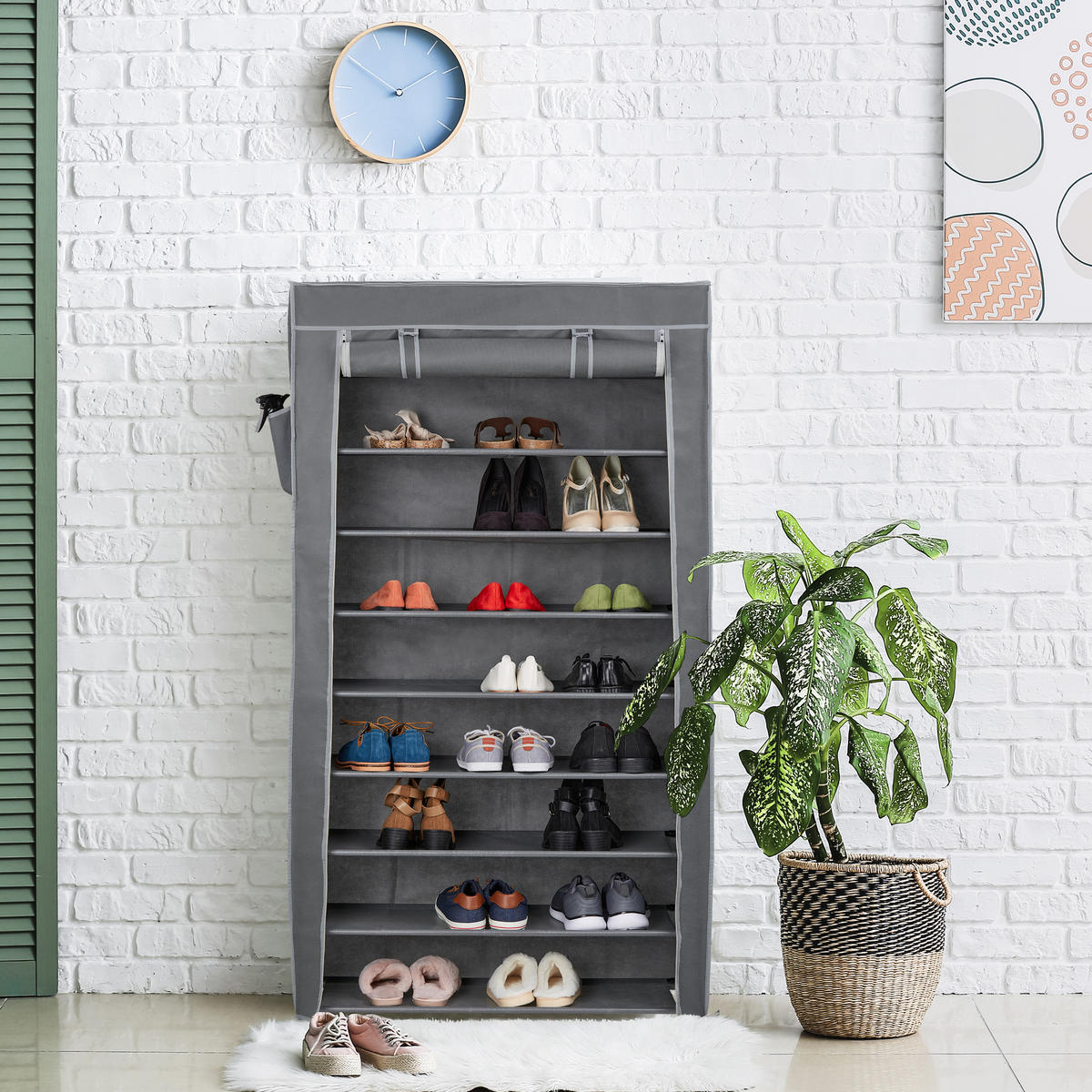 SCHUHSCHRANK - Grau, Kunststoff/Textil (86/158/30cm) - Relaxdays