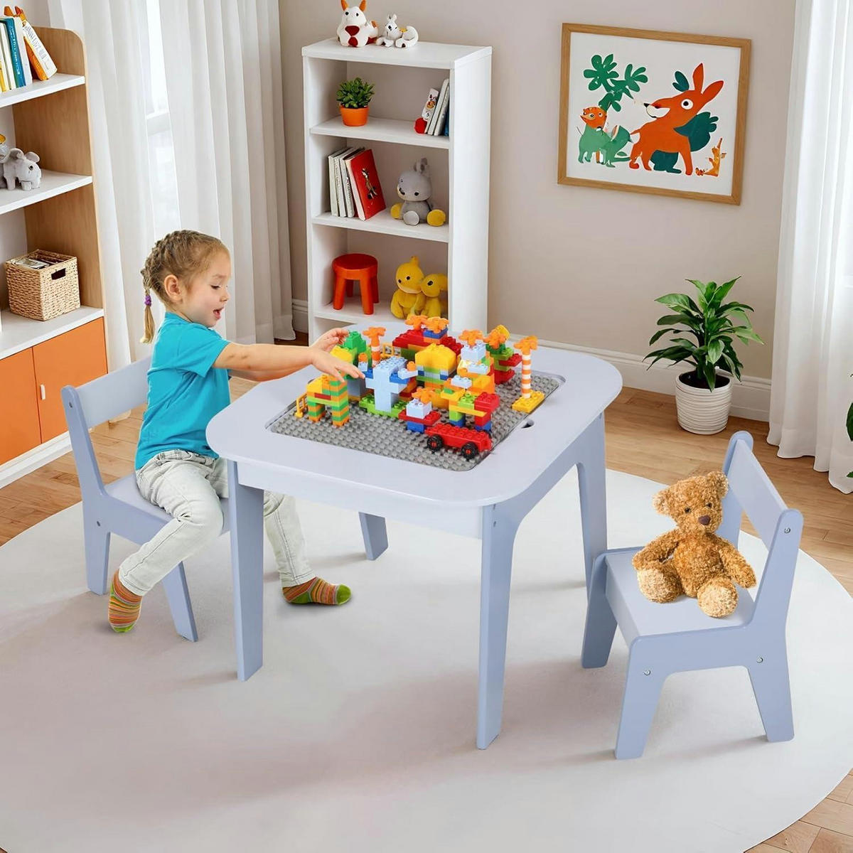 KINDERTISCH mit 2 Stühlen Set Blau - Hellblau, Holzwerkstoff (50/49/54cm)